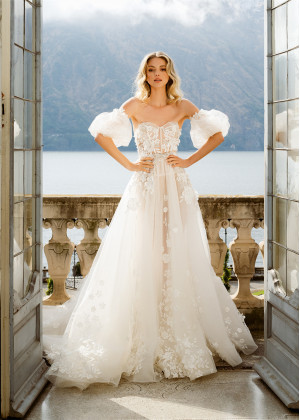 Beaded Strapless Ivory Floral Lace Tulle Wedding Dress